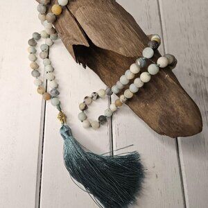 Amazonite Stone Long Buddha Mala Tassel Necklace